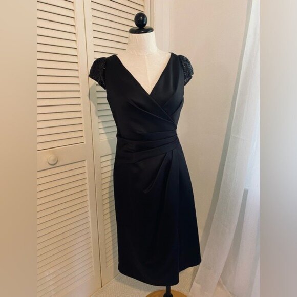 Jasmine Elegant Black Satin & Sequined Cap Sleeve Cocktail Formal Dress Size 6 - Picture 2 of 11